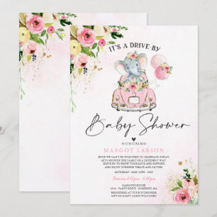Elephant Drive By Baby Shower Invitation Pink