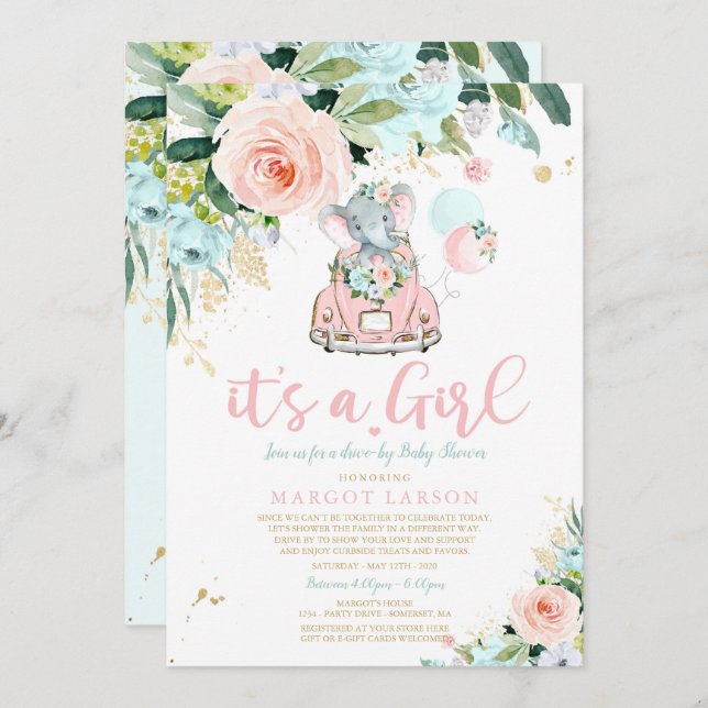 Elephant Drive By Baby Shower Invitation Pink Rose (Front/Back)