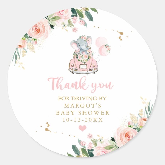 Elephant Drive By Baby Shower Pink Rose Classic Round Sticker (Front)