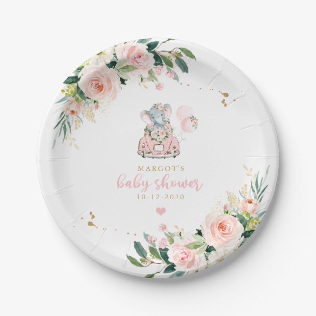Elephant Drive By Baby Shower Pink Rose Paper Plate (Front)