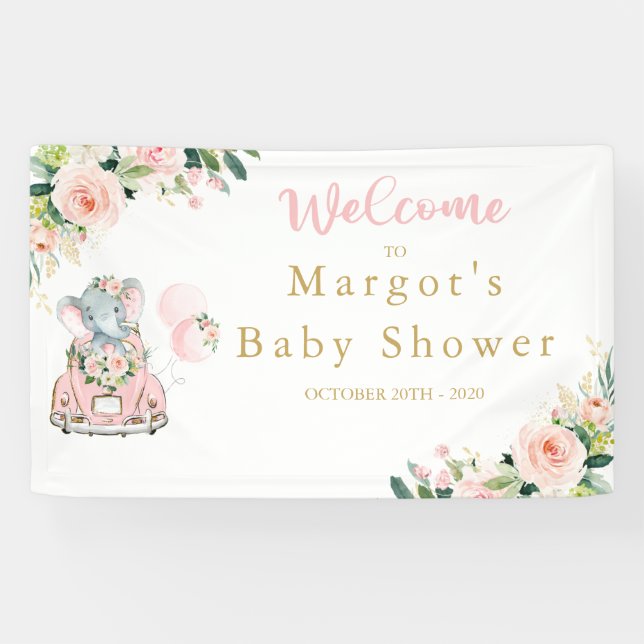 Elephant Drive By Baby Shower Pink Roses Banner (Horizontal)