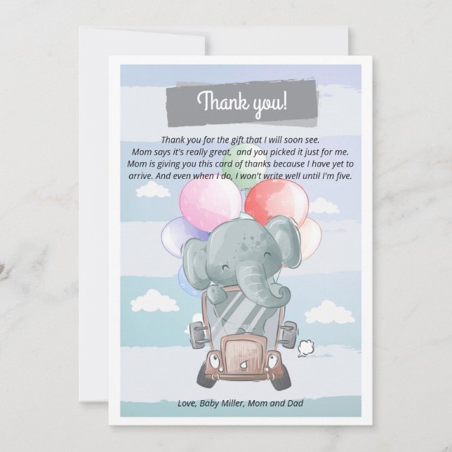 Elephant driving boy baby shower thank you card (Front)