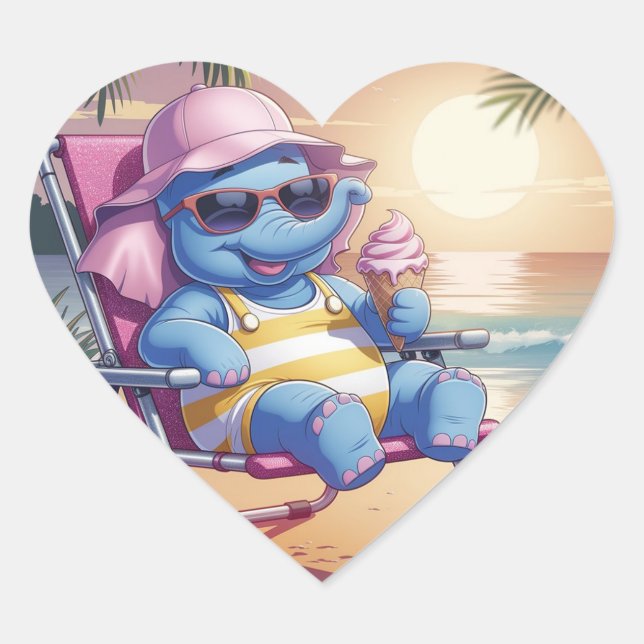 Elephant eating summer ice-cream  heart sticker (Front)