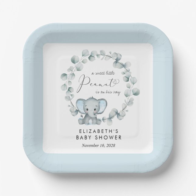 Elephant Eucalyptus Baby Boy Shower Paper Plate (Front)
