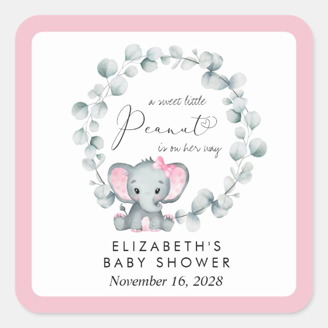 Elephant Eucalyptus Baby Girl Shower Square Sticker (Front)
