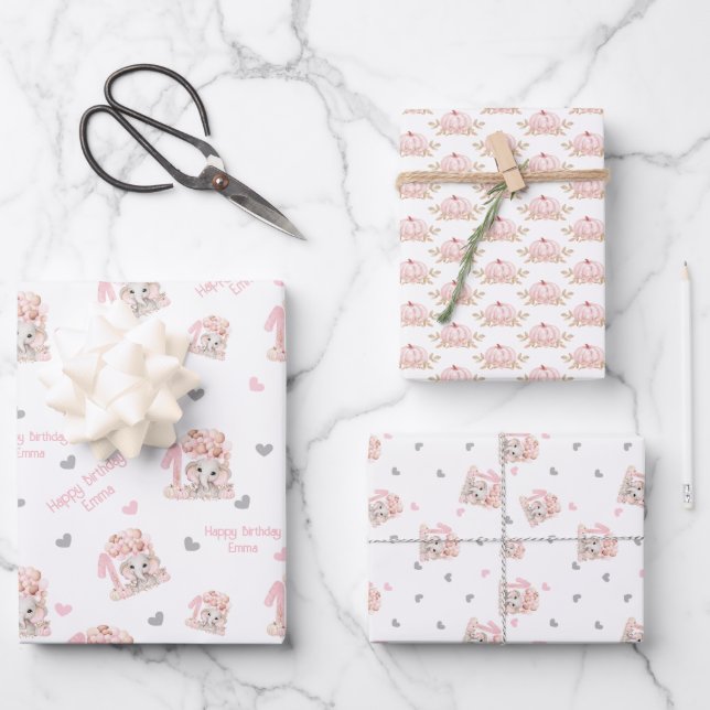 Elephant Fall 1st Birthday Girl Personalized Name Wrapping Paper Sheet (Front)