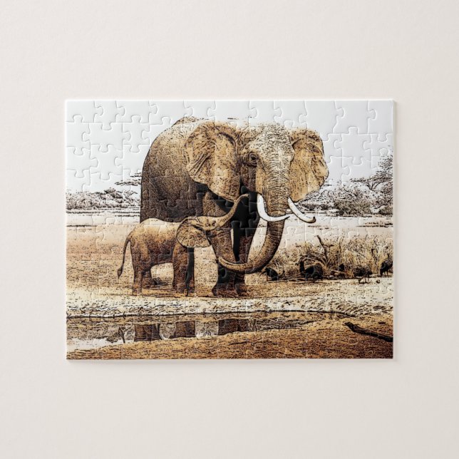 Elephant Family Illustration Animal Art Jigsaw Puzzle (Horizontal)