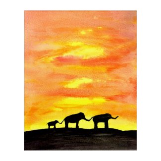 Elephant Family Sunset Watercolour Acrylic Print