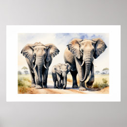 Elephant Family Watercolor Wildlife Art Poster