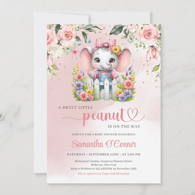 Elephant fille Baby shower Invitation arachide (Devant)