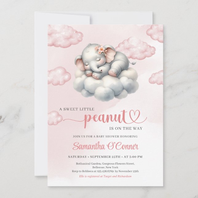 Elephant fille Baby shower Invitation arachide (Devant)