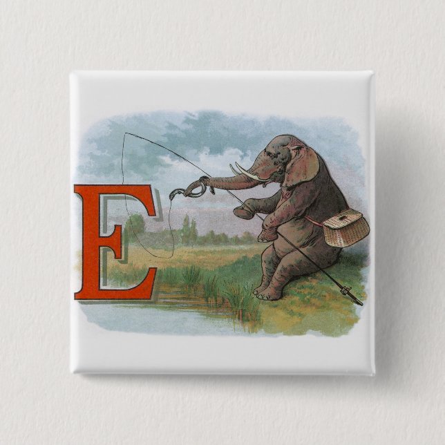 Elephant fisherman fishing Illustration 2 Inch Square Button (Front)