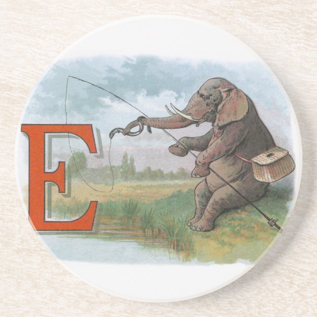 Elephant fisherman fishing Illustration Coaster (Front)