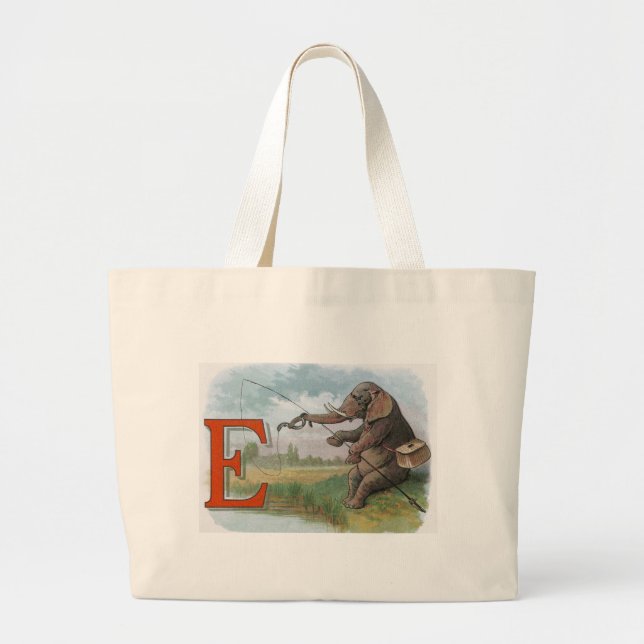 Elephant fisherman fishing Illustration Large Tote Bag (Front)