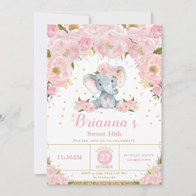 Elephant Floral Anniversaire Fête Invitation Adole (Devant)