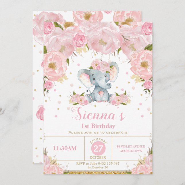 Elephant Floral Anniversaire Fête Invitation Fille (Devant / Derrière)