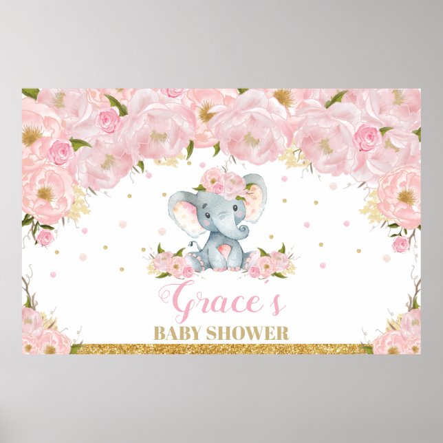 Elephant Floral Baby Shower Backdrop Banner Poster (Front)