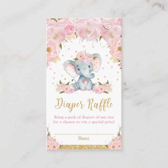 Elephant Floral Baby Shower Diaper Raffle Cards (Front)