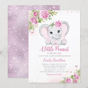 Eléphant Floral Baby shower Invitation fille