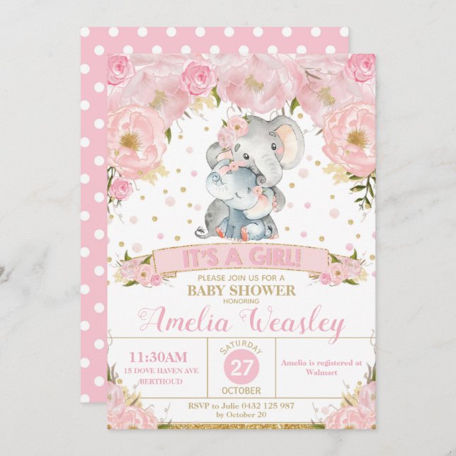 Eléphant Floral Baby shower Invitation fille (Devant / Derrière)