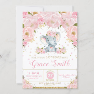 Eléphant Floral Baby shower Invitation fille