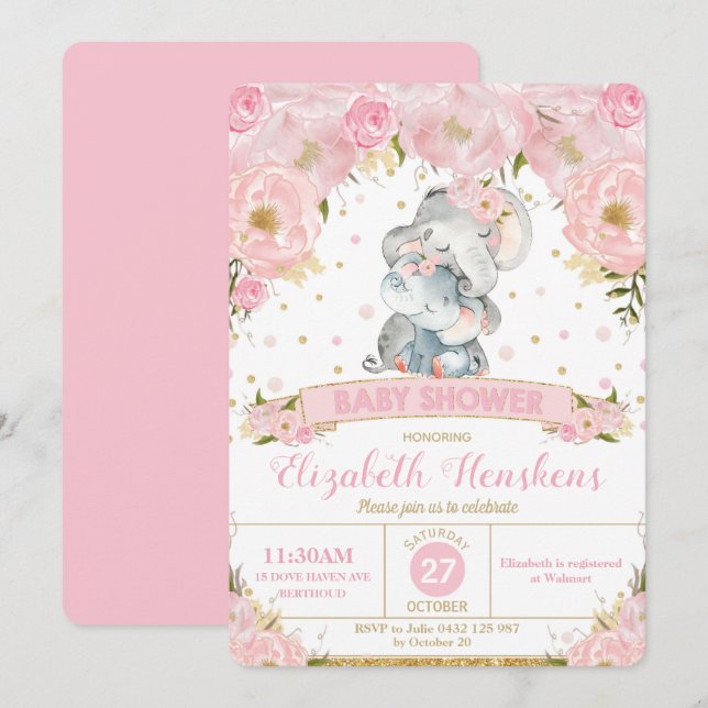 Elephant Floral Baby Shower Invitation Girl (Front/Back)
