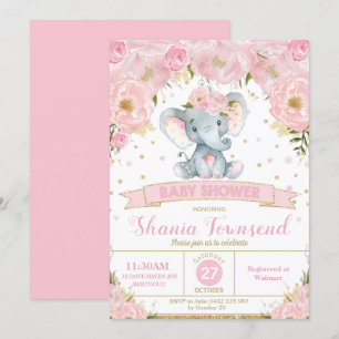 Elephant Floral Baby Shower Invitation Girl
