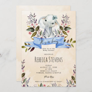 Elephant floral boy baby shower invitation