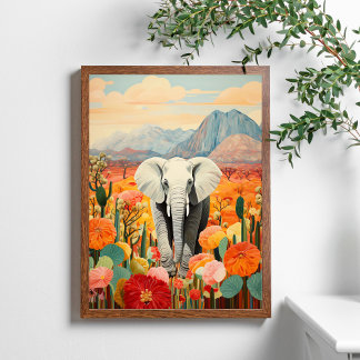 Elephant Floral Desert Mountain Colourful Poster