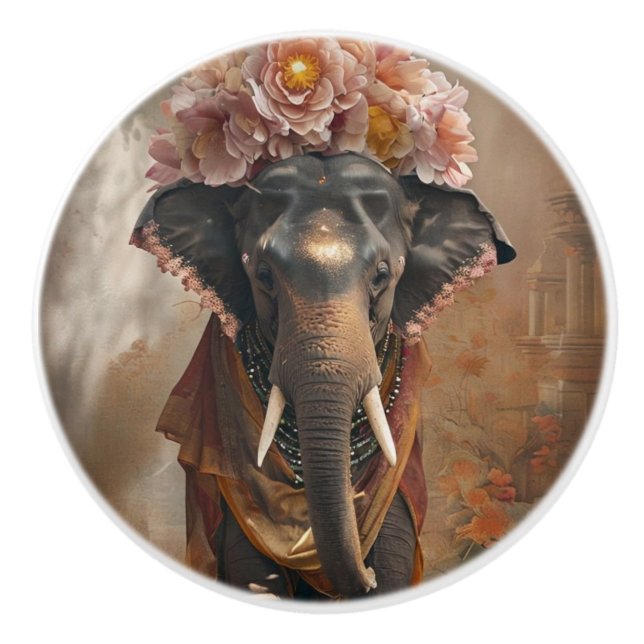 Elephant Floral Harmony Ceramic Knob (Front)