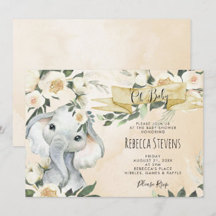elephant floral neutral baby shower invitation