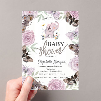 Elephant Flowers Butterflies Pink Baby Shower Acrylic Invitations