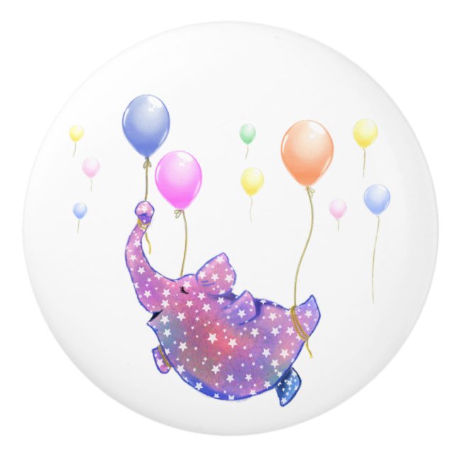 Elephant Flying Ceramic Knob Colourful Balloons (Front)