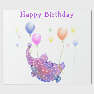 Elephant Flying Colorful Balloons Baby Birthday Wrapping Paper