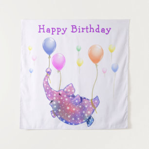 Elephant Flying Colourful Balloons Baby Birthday Tapestry