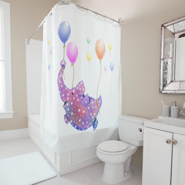 Elephant Flying Shower Curtain Colourful Balloons (In Situ)
