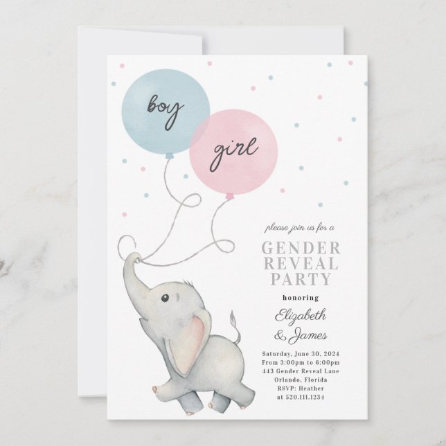 Elephant Genre Révéler Baby Invitation (Devant)
