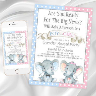 Elephant Genre Révéler Baby Shower Invitations