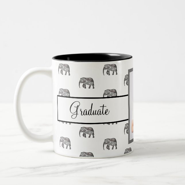 Elephant Geometric Graduate Photo Black and White Two-Tone Coffee Mug (Left)