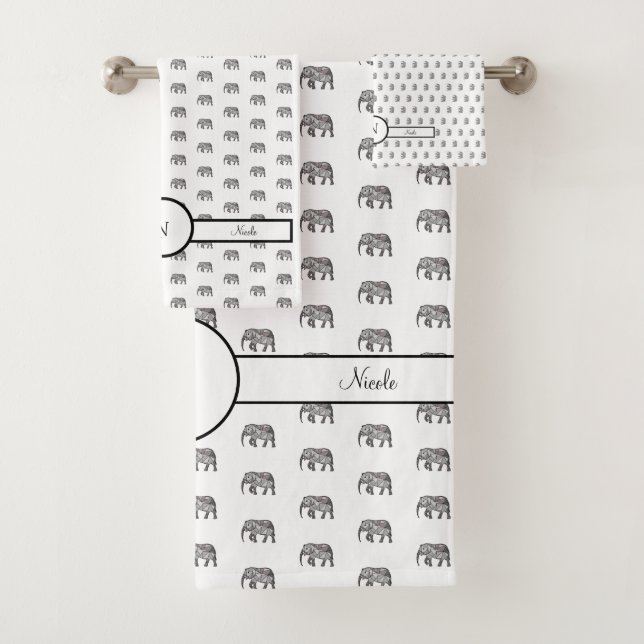 Elephant Geometric Monogram Black and White Bath Towel Set (Insitu)
