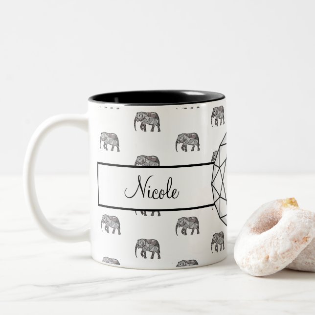 Elephant Geometric  Monogram Black and White Two-Tone Coffee Mug (With Donut)