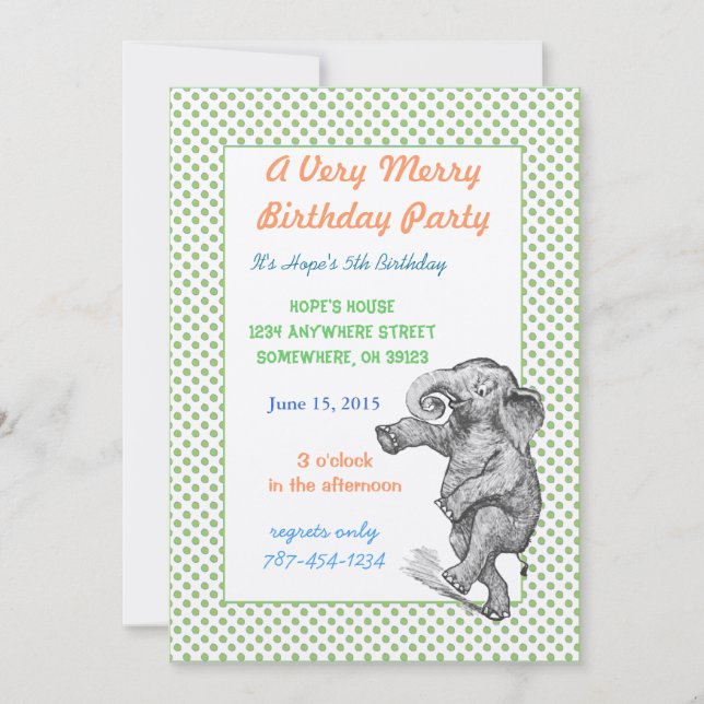 Elephant Giraffe Birthday Party Invite Green Dots (Front)