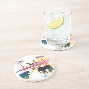 Elephant, Giraffe Safari Sunset Art Coaster