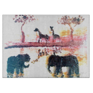 Elephant, Giraffe Safari Sunset Art Cutting Board