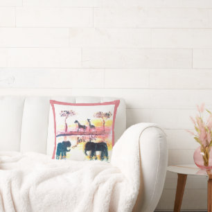 Elephant, Giraffe Safari Sunset Art Throw Pillow