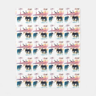 Elephant, Giraffe Safari Sunset Wildlife Pattern Fleece Blanket