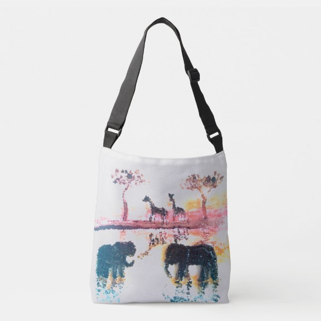 Elephant, Giraffe Sunset Art Personalized Crossbody Bag (Front)