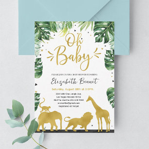 Elephant Giraffe Wild One Jungle Gold Baby Shower Invitation