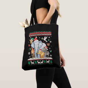 Elephant Giraffe Zebra Jungle Zoo Ugly Christmas Tote Bag