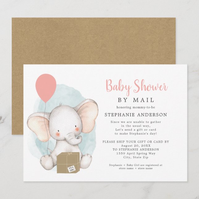 Elephant Girl Baby Shower by Mail Invitation (Front/Back)